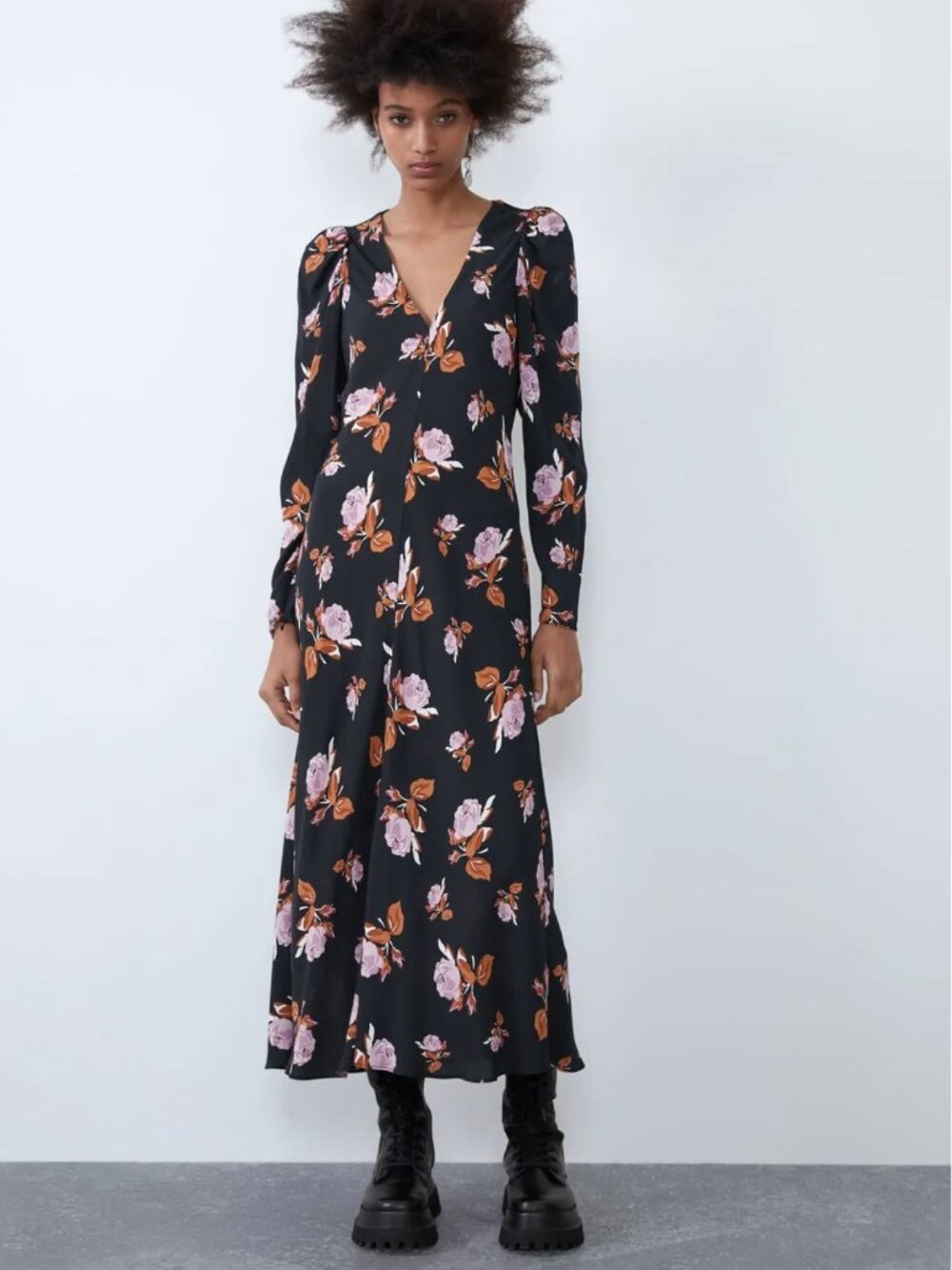 Zara Floral Puff Sleeve Midi Dress | Size Small